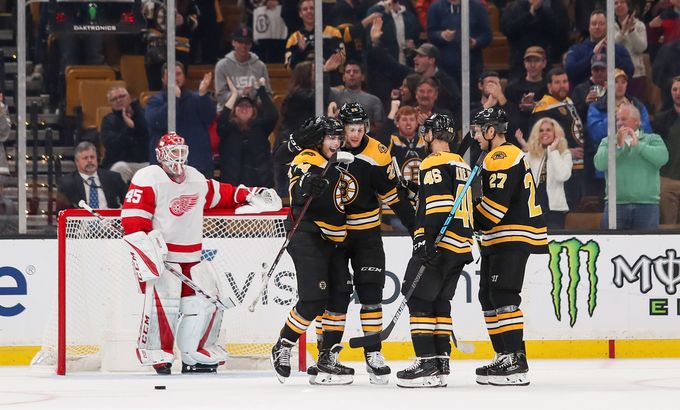 Boston Bruins Celebrate an 8-2 win over Detroit October 13, 2018