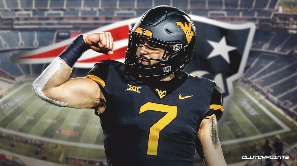 Will Grier, WVU quarterback with Gilette Stadium in the background.